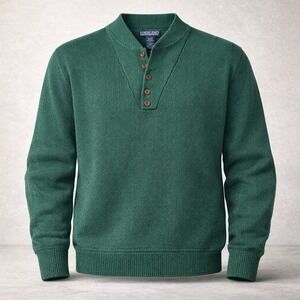 Vintage Lands End Henley Sweater Mens Large Green Cotton Knit Long Sleeve USA‎